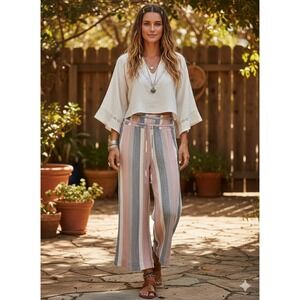 Free People Striped Wide Leg Cropped Linen Blend Pants Smocked Waist Drawstring